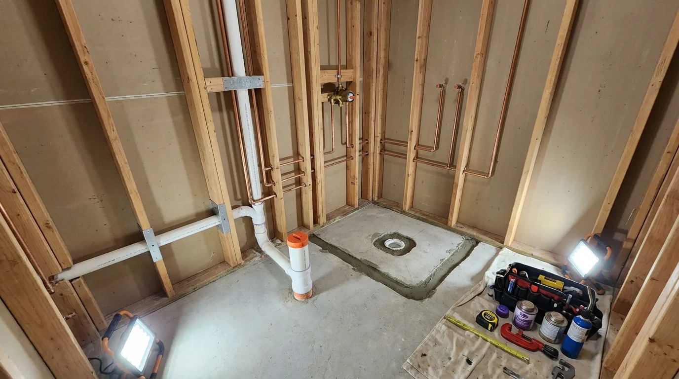 Bathroom rough-in plumbing during remodel by Johns Plumbing LLC in Millers Creek