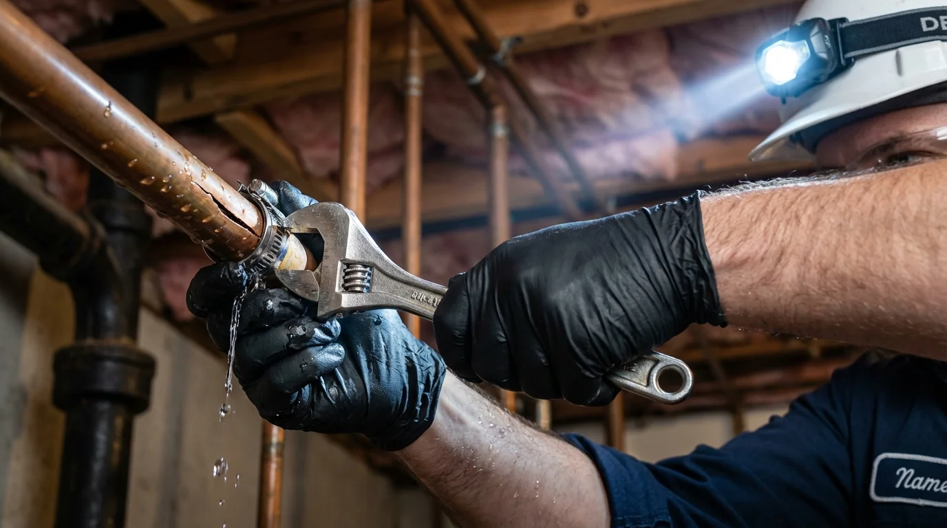 Emergency pipe clamp repair being performed by a Johns Plumbing LLC plumber in Millers Creek