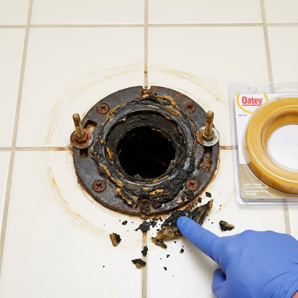 Failed wax ring showing water seepage at the base of a toilet in a Millers Creek, NC home