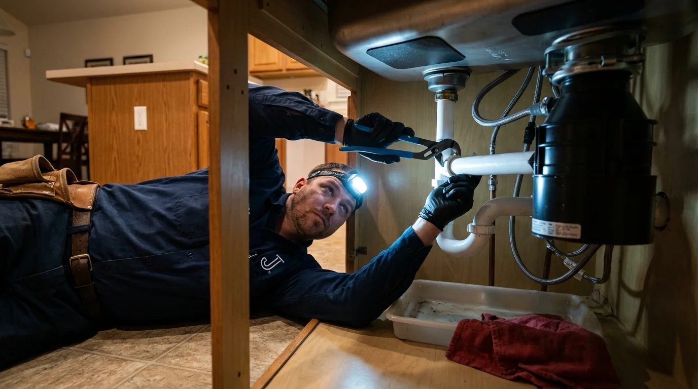 P-trap and supply line connections under a kitchen sink showing a common leak point in Millers Creek, NC